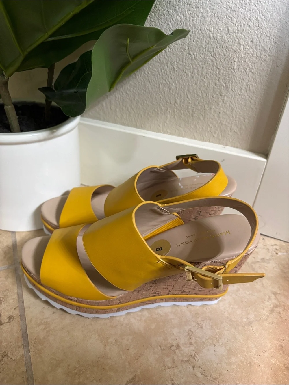 Marc New York Mustard Yellow Wide-Strap Wedge Sandals
